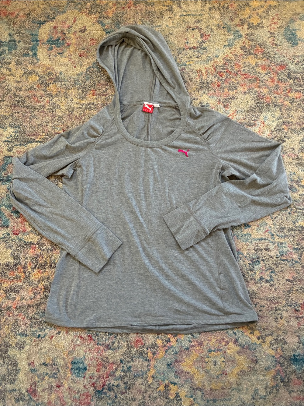 Puma Gray Hooded Long-Sleeve Top with Pink Logo
